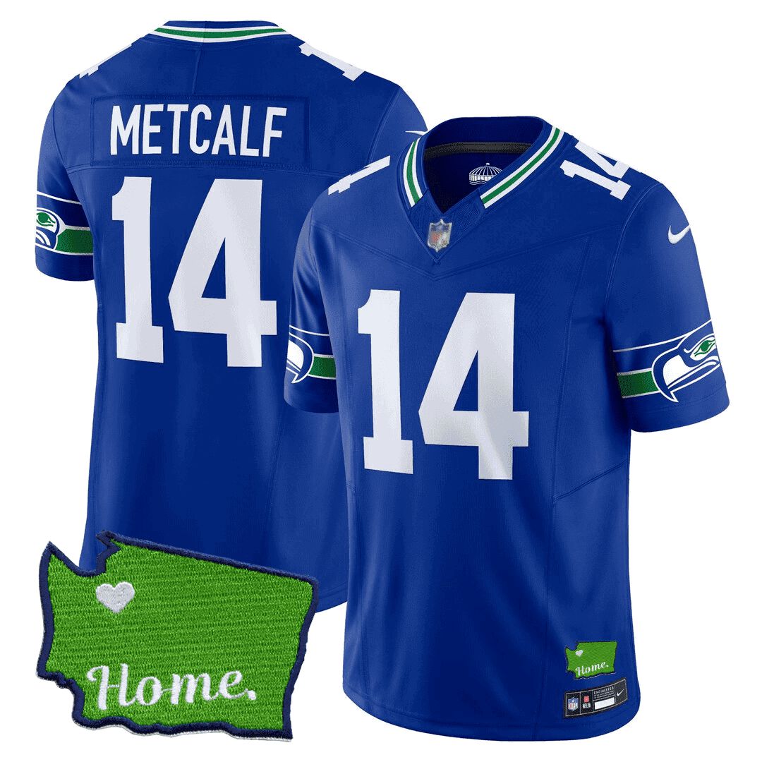 Men Seattle Seahawks 14 Metcalf Blue 2024 Nike Washington Home Patch NFL Jersey